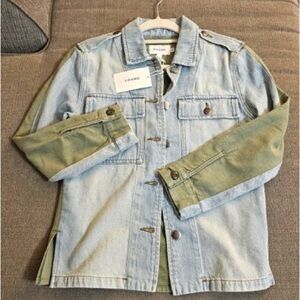 Frame Light Blue Denim Jacket with Green Sleeves